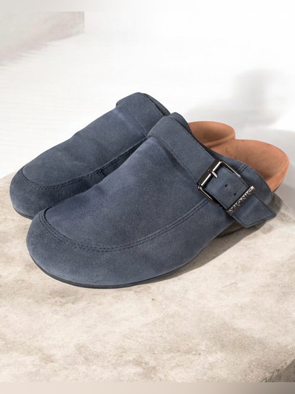 VIONIC Blue Suede Leather Slip Ons Mules Buckle Detail Size 10/10.5 - Picture 5 of 8